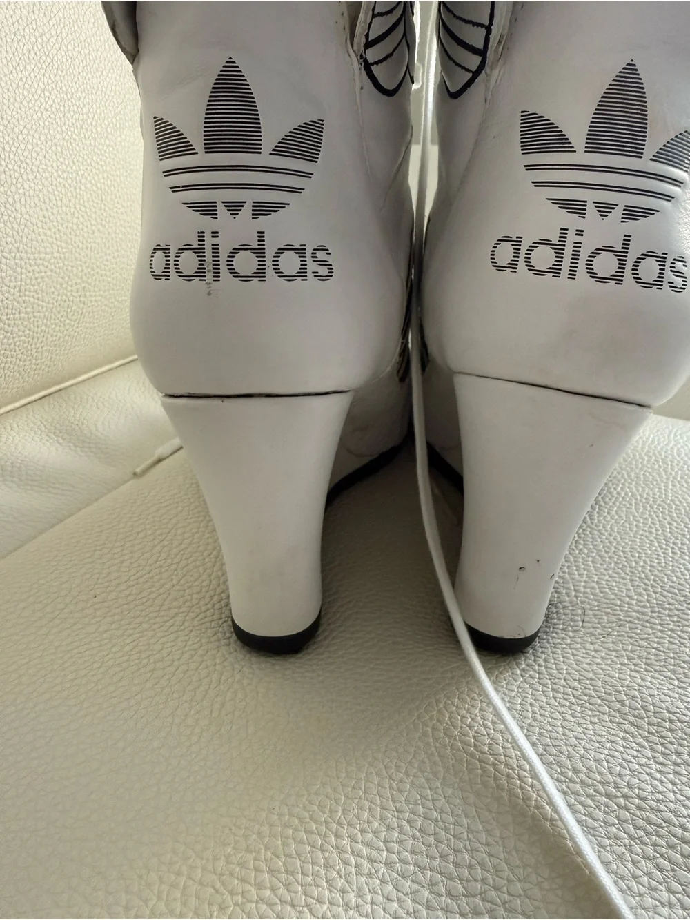 Jeremy Scott White Wedge Sneakers with Black and Gold Stripes and Wing Detail 10
